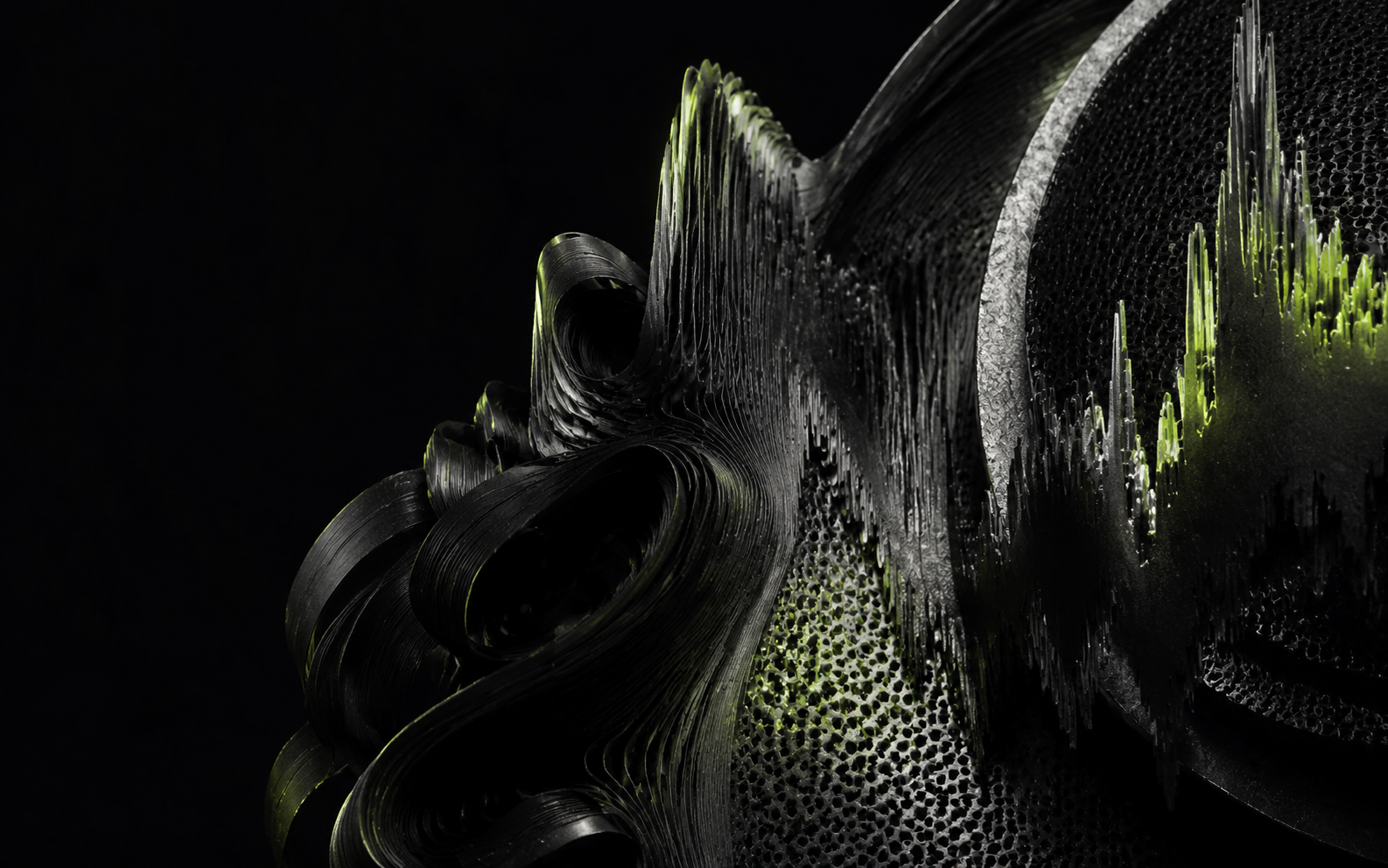 Abstract metallic audio sculpture lit with acid green light